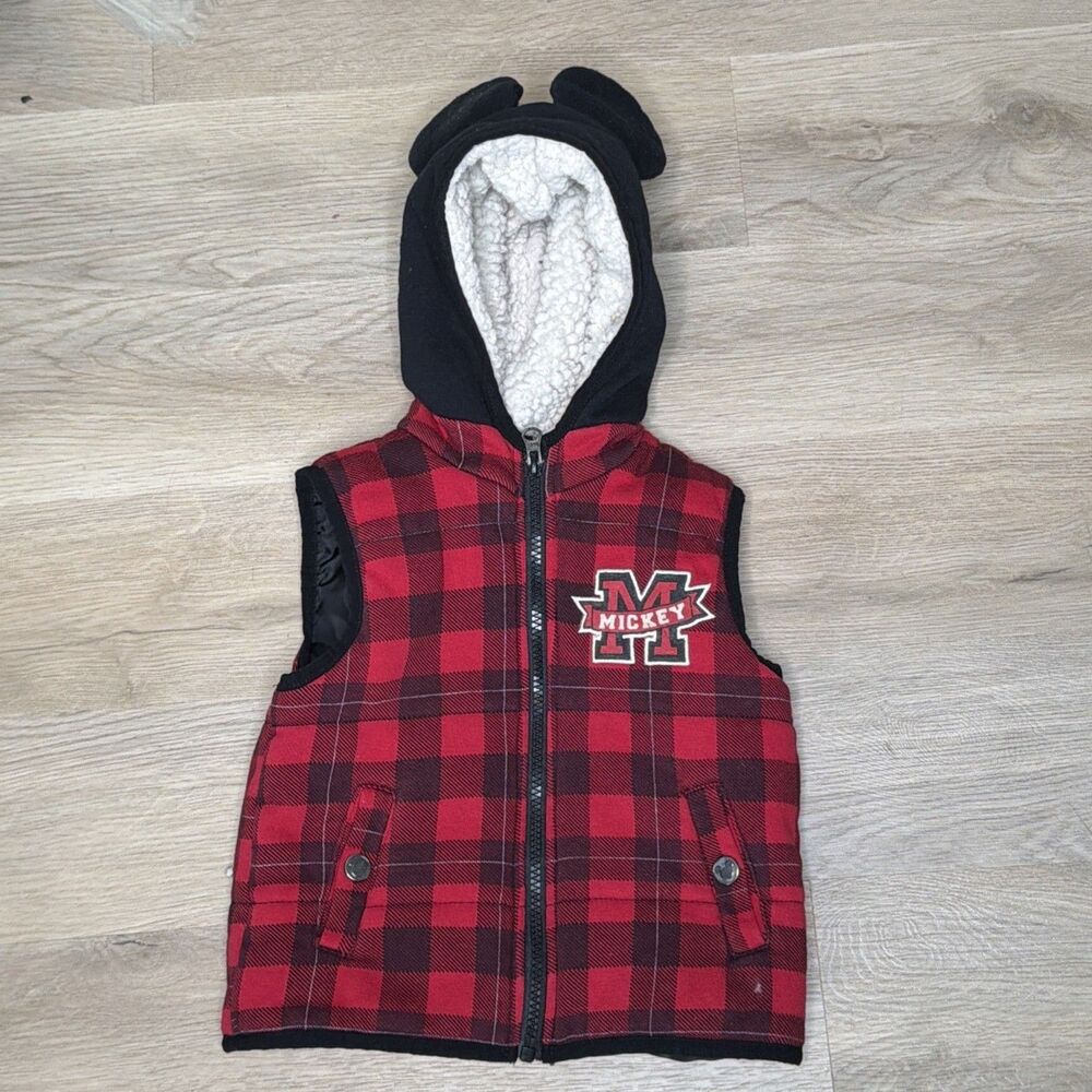 Disney Junior Mickey Mouse Red and Black Buffalo Plaid Quilted Vest 2T